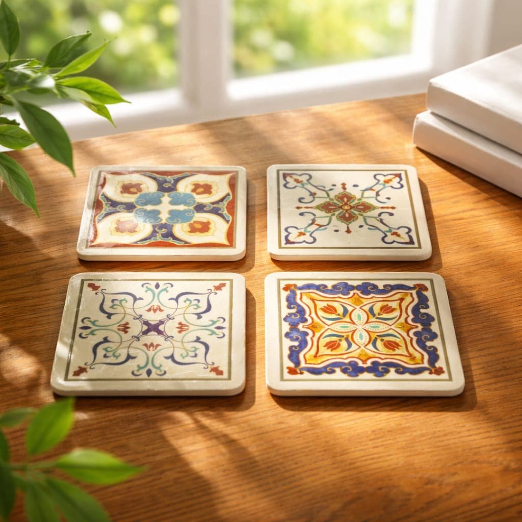 Modern boho style tile patterned coasters set